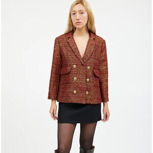 Smythe Orange Metallic Wool Tweed Blazer Size 6